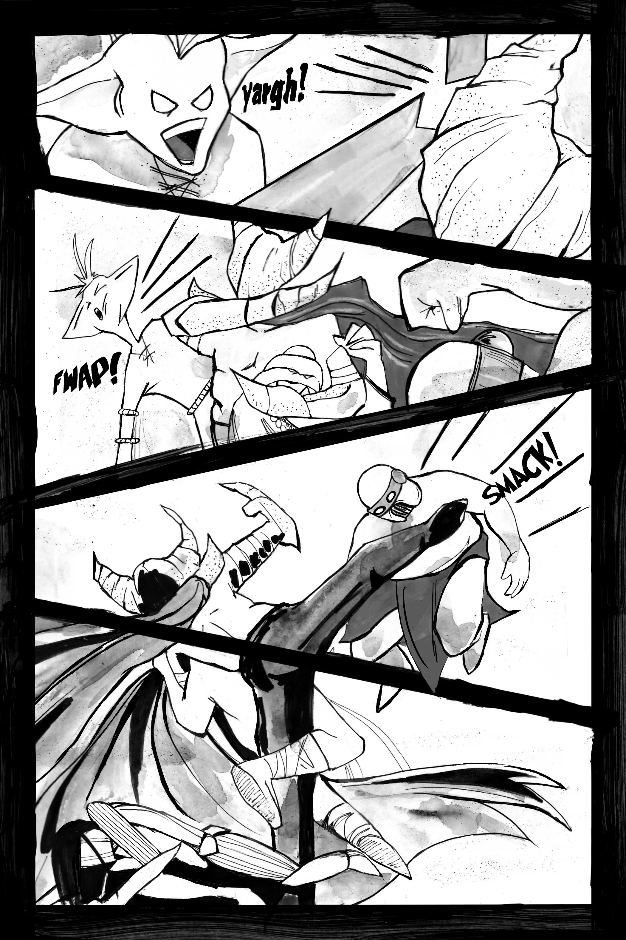 A black and white comic strip featuring a dynamic fight scene with characters in action poses, shouting, hitting, and using capes.