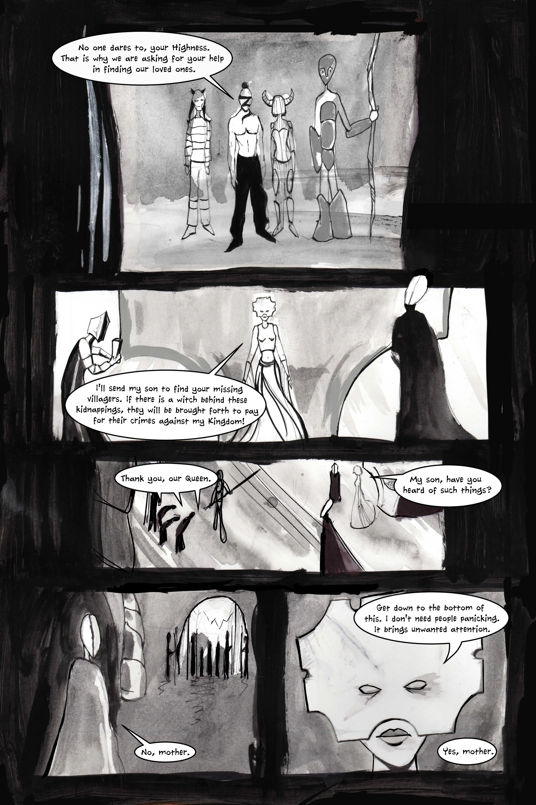 Monochrome comic panel featuring characters seeking help from a ruler. A group asks for aid in finding missing people. The ruler promises assistance, indicating a possible witch is behind the kidnappings. The ruler addresses her son, instructing him 