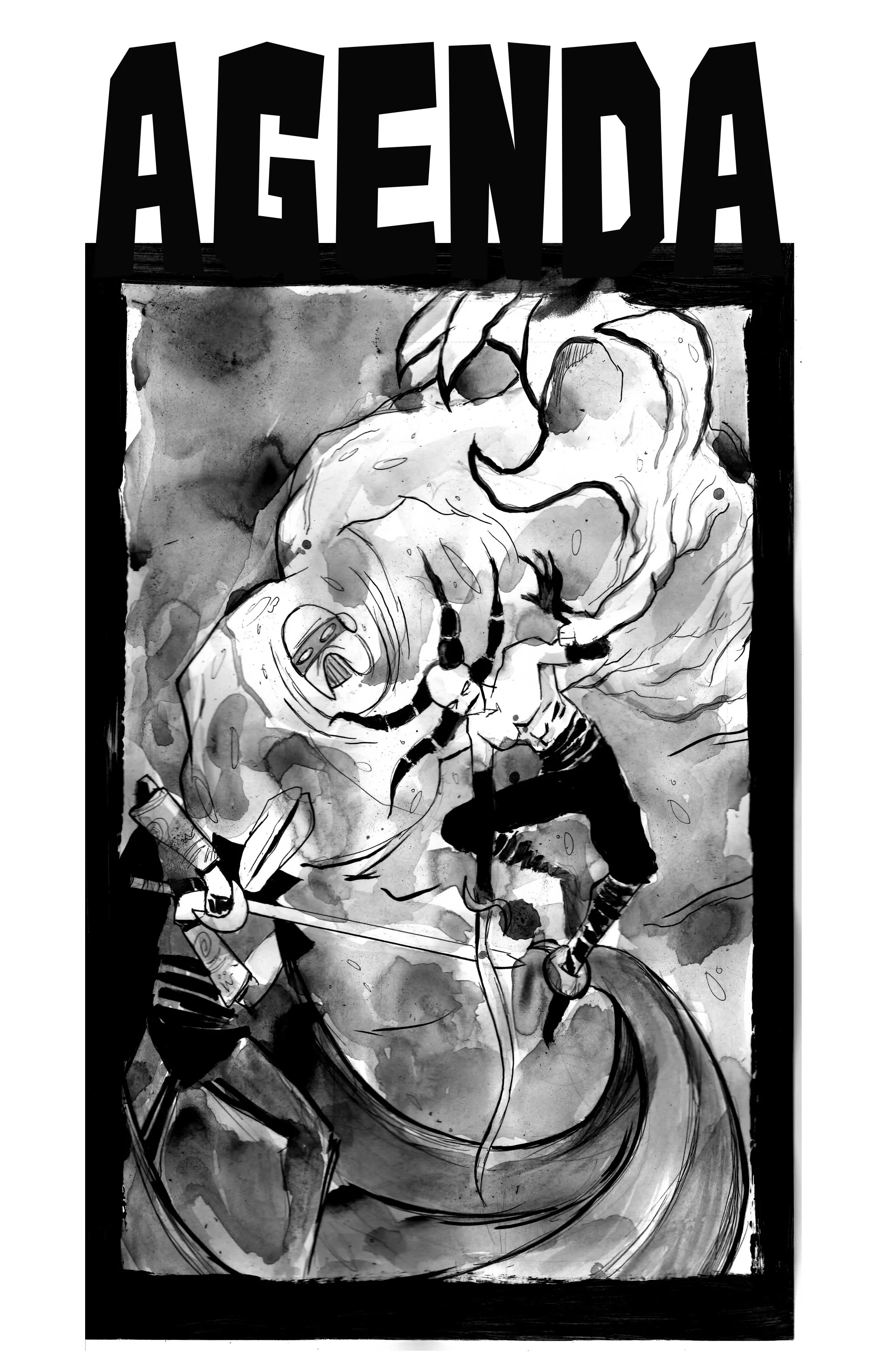 Black and white comic-style drawing with text 'AGENDA' at the top and dynamic figures engaged in action, featuring a person in martial arts attire and a large, abstract creature.