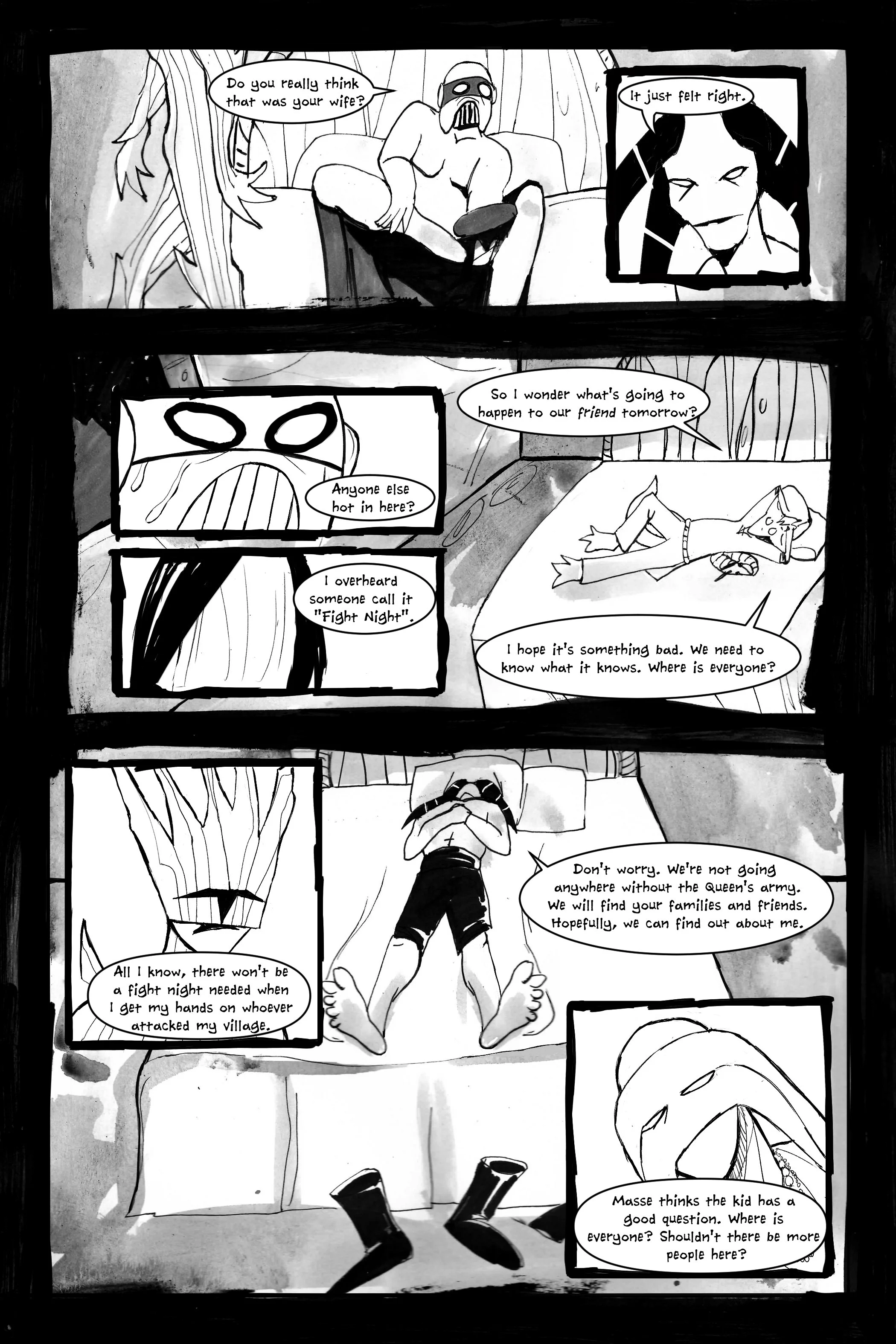 Comic page with various characters discussing a mysterious event, mentioning 'Fight Night' and seeking answers about an attacked village. The characters express concern and uncertainty about future events.