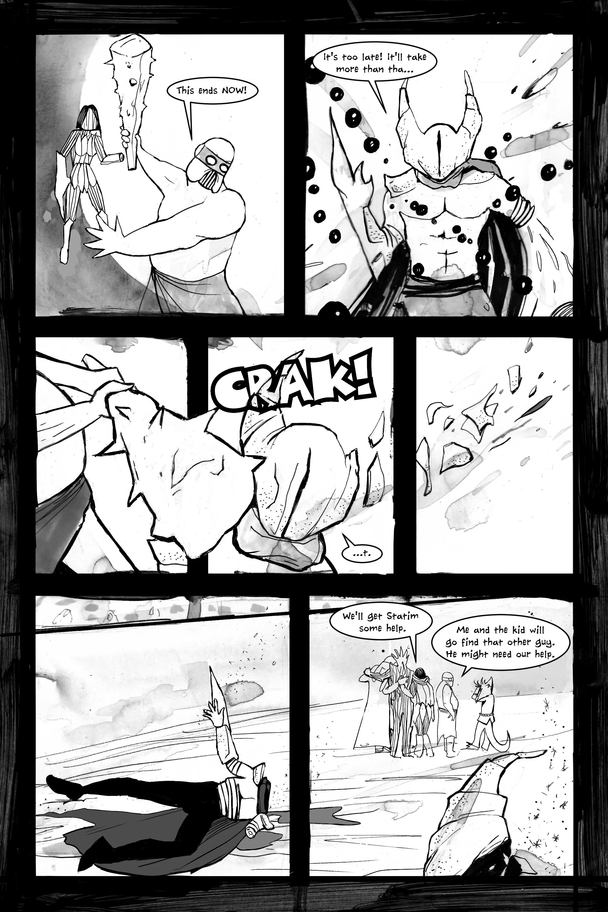 Black and white comic page with armored characters in battle, featuring dialog. A helmeted man shouts "This ends NOW!" while holding a spiked club. Another character, wearing a horned helmet, is hit and black spheres float around him. The words "CRÁK