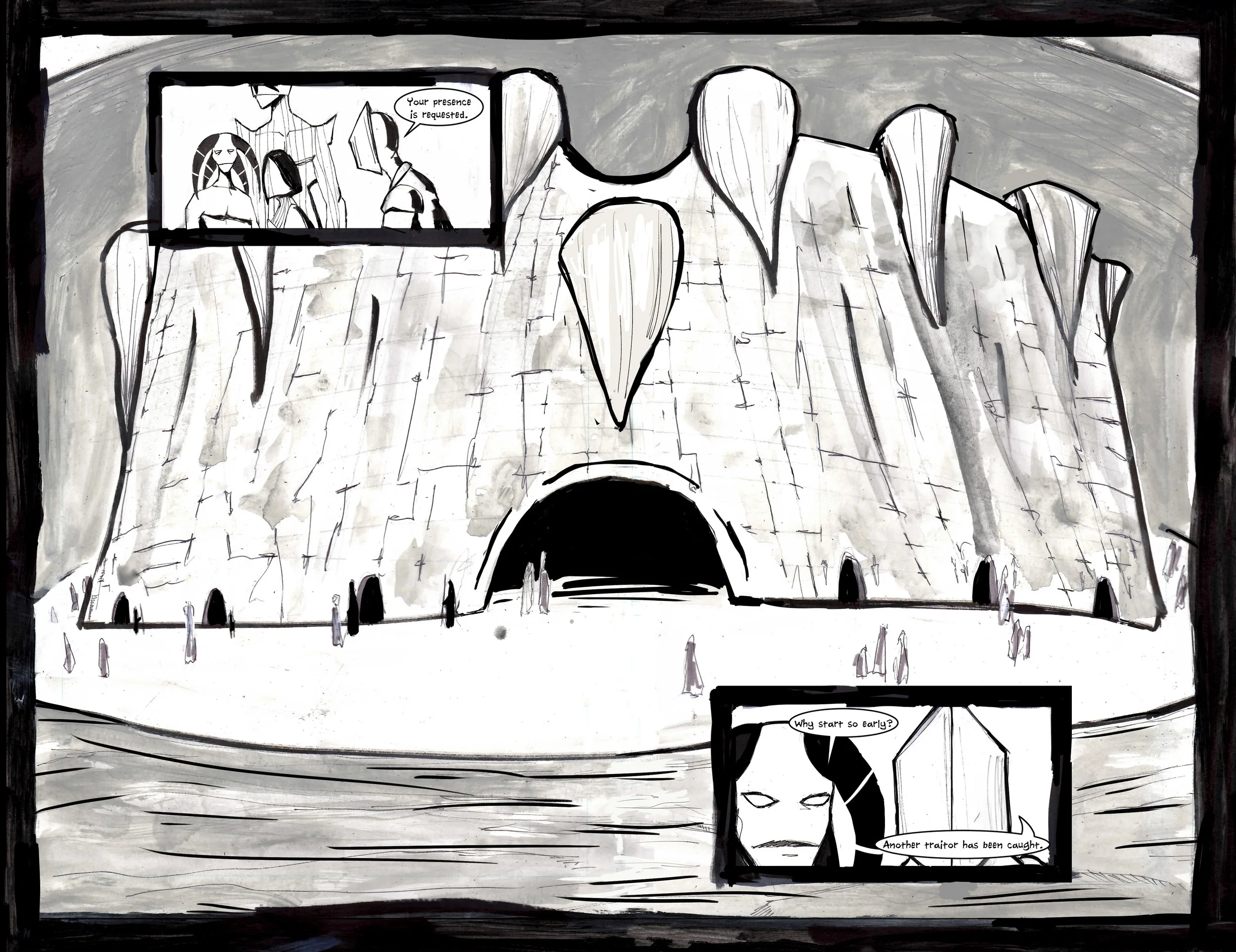 Black and white comic panel depicting a futuristic fortress with arched entrances and towering structures. Small figures stand outside. Inset panels show a conversation between masked characters: "Your presence is requested." "Why start so early?" "A