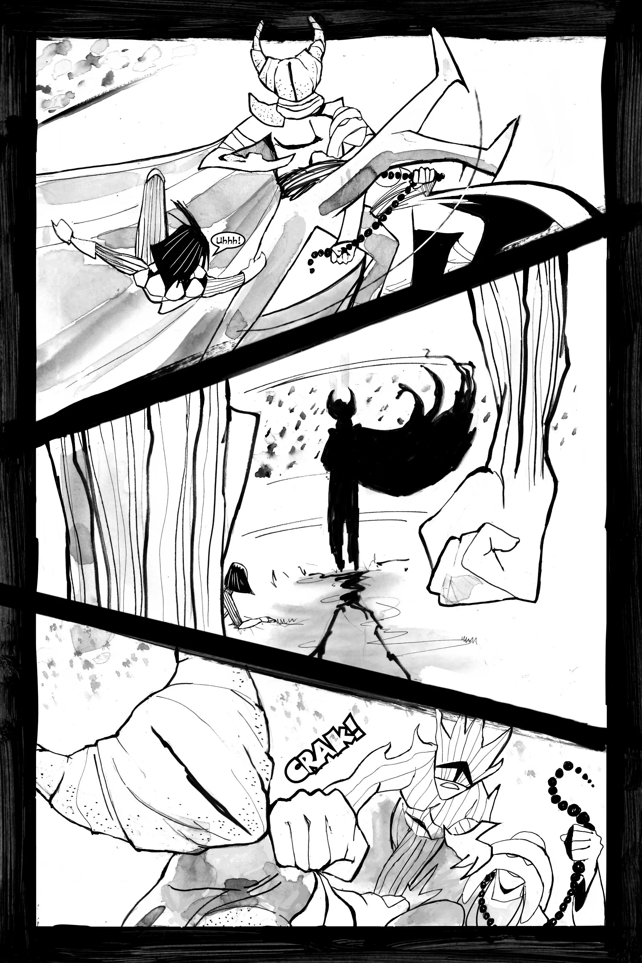 Black and white comic page showing a dramatic scene with multiple panels. The top panel depicts a character with a helmet carrying another character while saying "Uhhh." The middle panel shows a mysterious cloaked figure in the distance. The bottom p