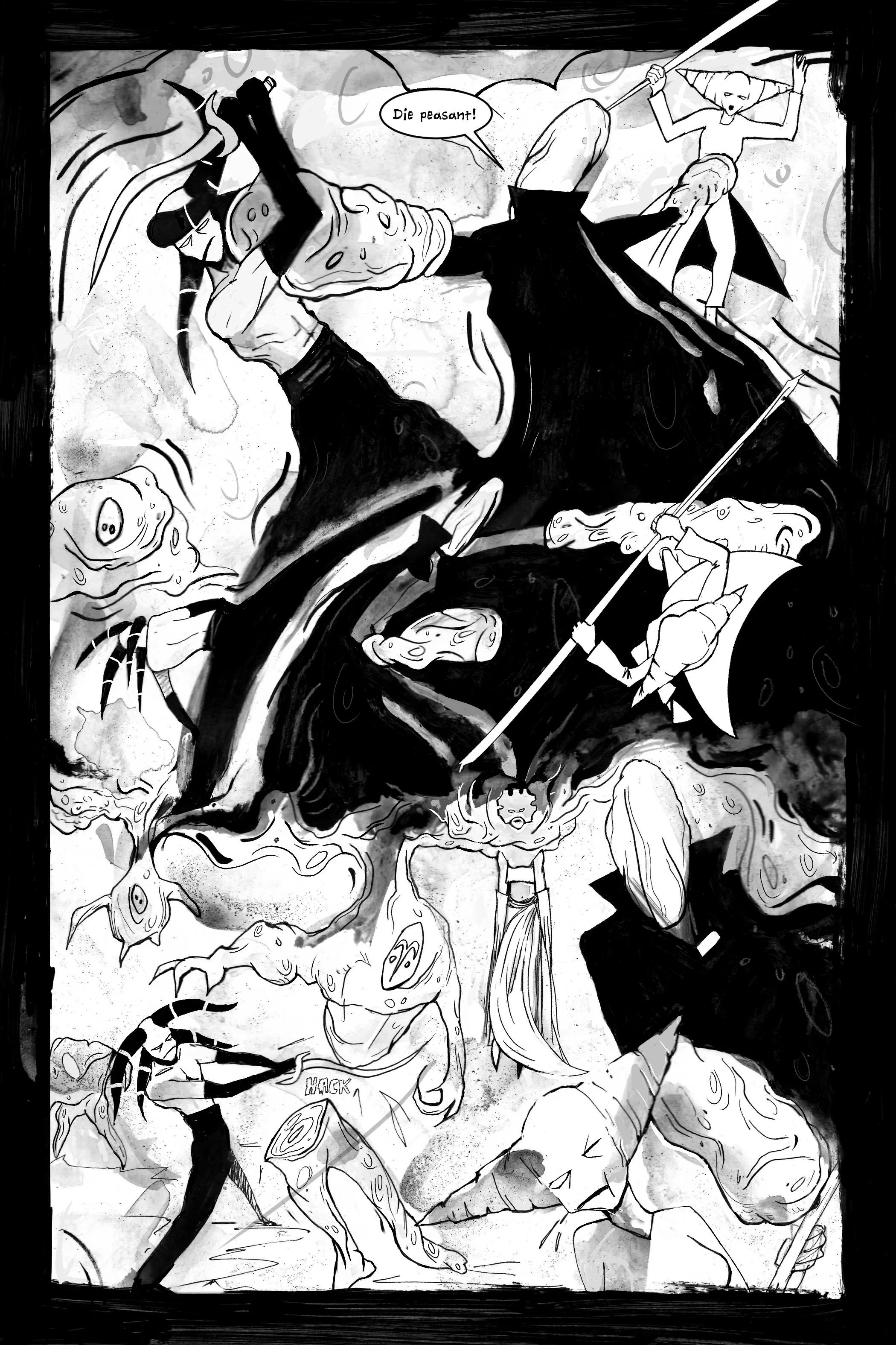 Black and white comic panel depicting a chaotic battle scene with multiple characters engaged in action. A character with a sword shouts, "Die peasant!" amid swirling abstract shapes and figures. Dynamic composition with exaggerated poses and express