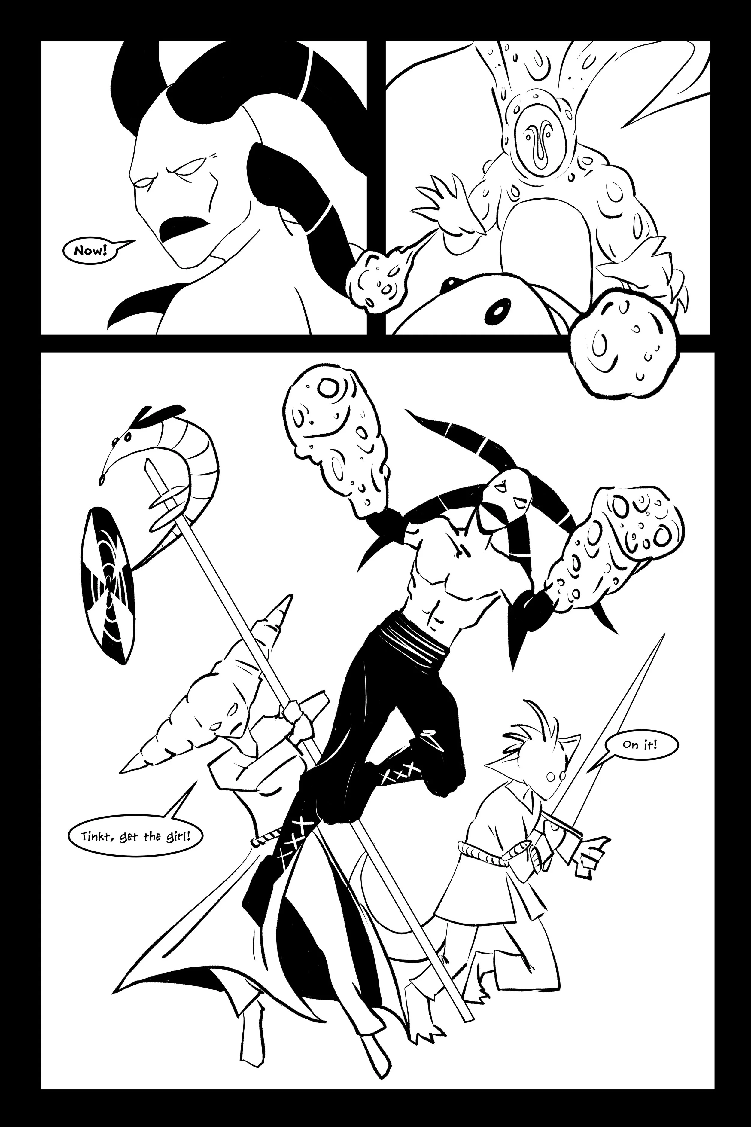 Black and white comic strip featuring a muscular character with horns and tattoos battling monsters and a warrior with a sword and shield.