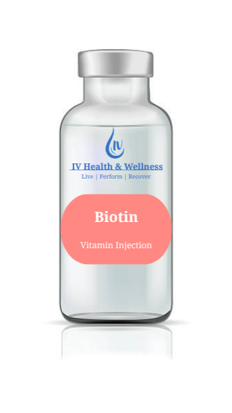 A small glass vial labeled "Biotin Vitamin Injection" from IV Health and Wellness.