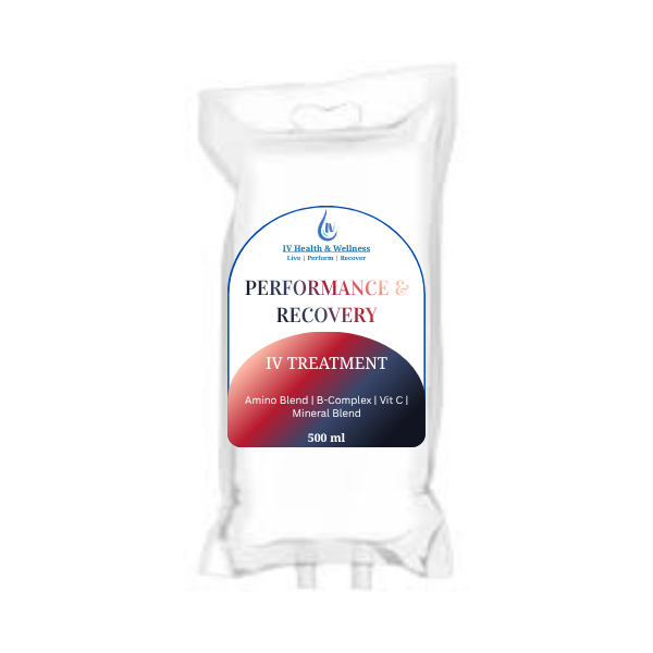 Performance & Recovery IV - Aids recovery after workouts and injuries, Helps improve athletic performance and endurance, Assist in restoration of essential vitamins, minerals, and amino acids, and  Helps reduce inflammation and oxidative stress