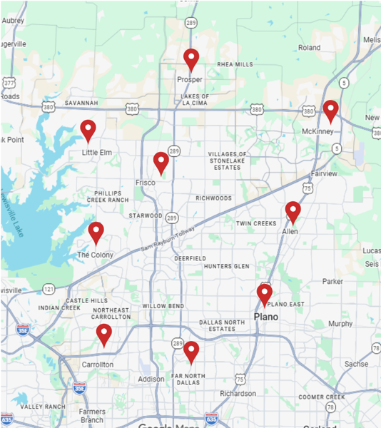Service Areas in North Dallas, TX including Frisco,  Prosper, McKinney, Plano, Celina, Allen, The Colony and surrounding areas