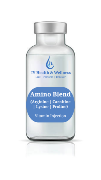 A vial labeled 'Arginine, Carnitine, Lysine & Proline Vitamin Injection' from IV Health & Wellness