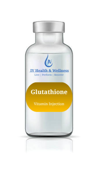 A small glass vial labeled Glutathione Vitamin Injection from IV Health and Wellness.
