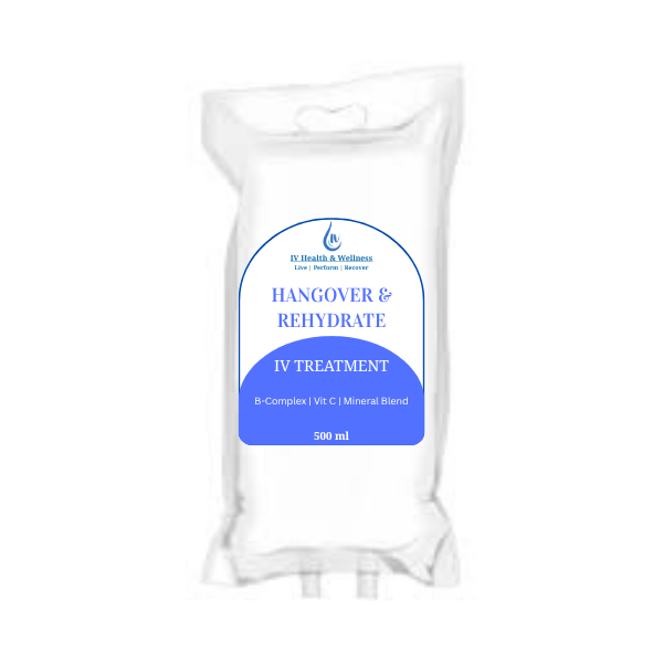 Hangover & Rehydrate IV - Designed to help rehydrate and restore fluid balance,  Helps alleviate hangover symptoms such as nausea and upset stomach,  Assists in flushing out toxins and supports detoxification, aid replenishment of essential vitamins