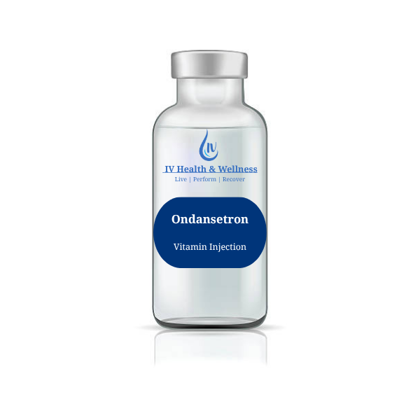 A small glass vial with a silver cap, labeled 'Zofran Rx Injection' from IV Health and Wellness.