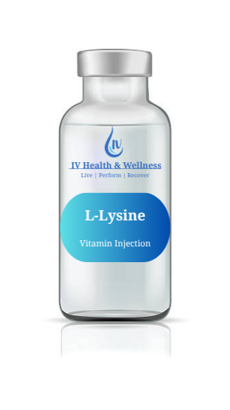 A vial labeled for Lysine vitamin injection from IV Health and Wellness.