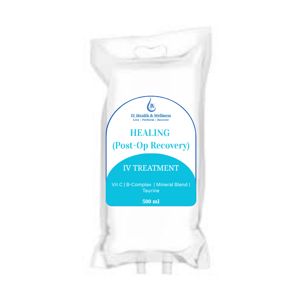 Healing (Post-Op Recovery) IV - Promotes wound care, Supports collagen synthesis and cellular build-up, Aids in tissue regeneration, and Antioxidant and anti-inflammatory support
