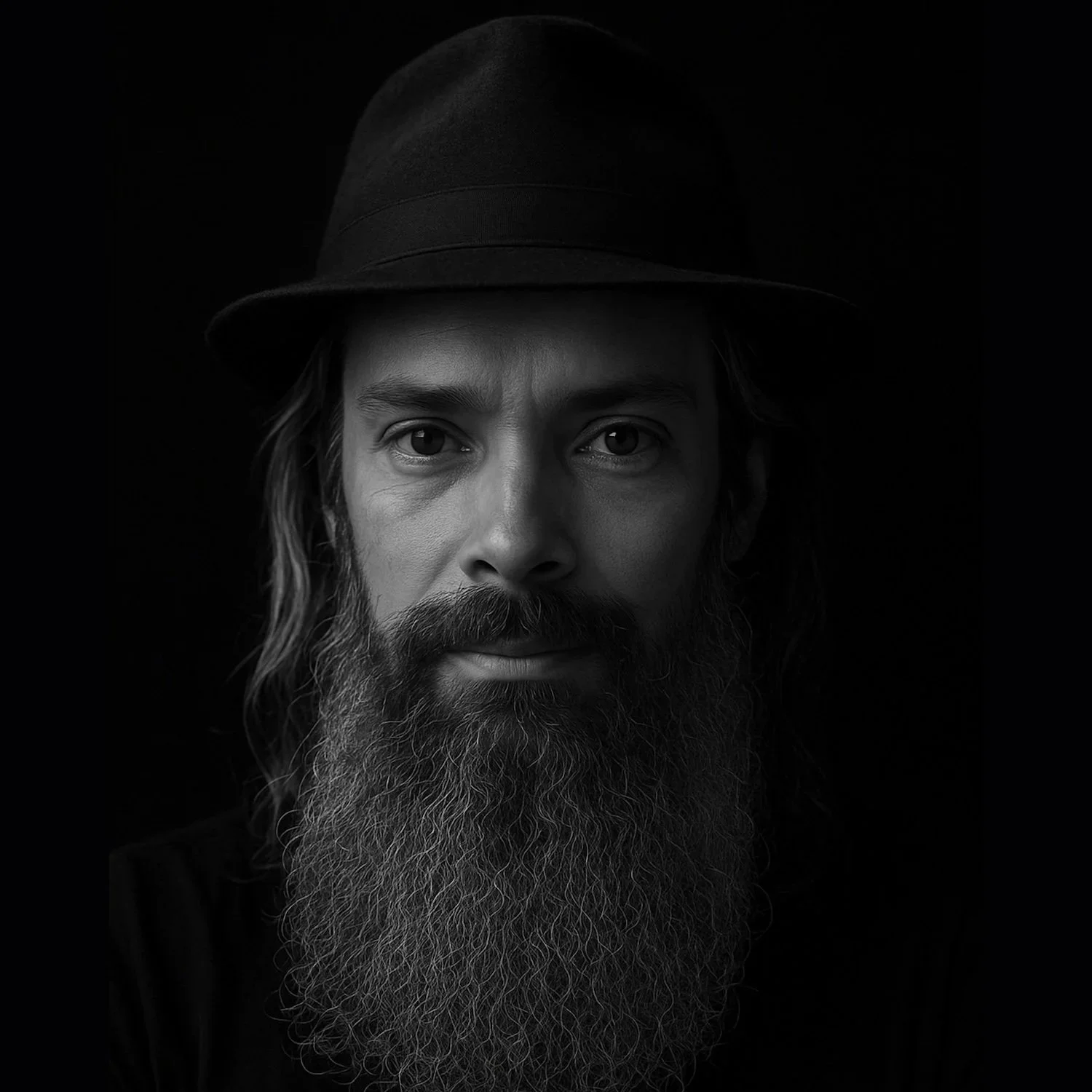Black and white portrait of a man with a long beard, wavy hair, wearing a hat, and staring directly at the camera against a dark background.