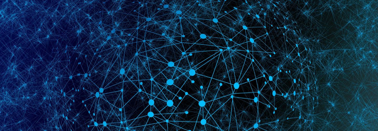 A complex network of blue lines with blue dots where the lines connect