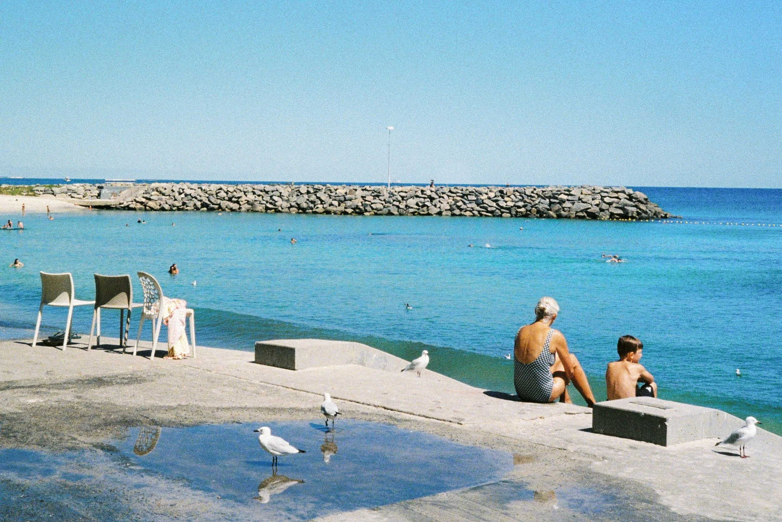 Elderly woman and young boy sitting on concrete ledge by the ocean, seagulls standing on wet surface, swimmers in the water, blue sky and a rocky breakwater in the background.