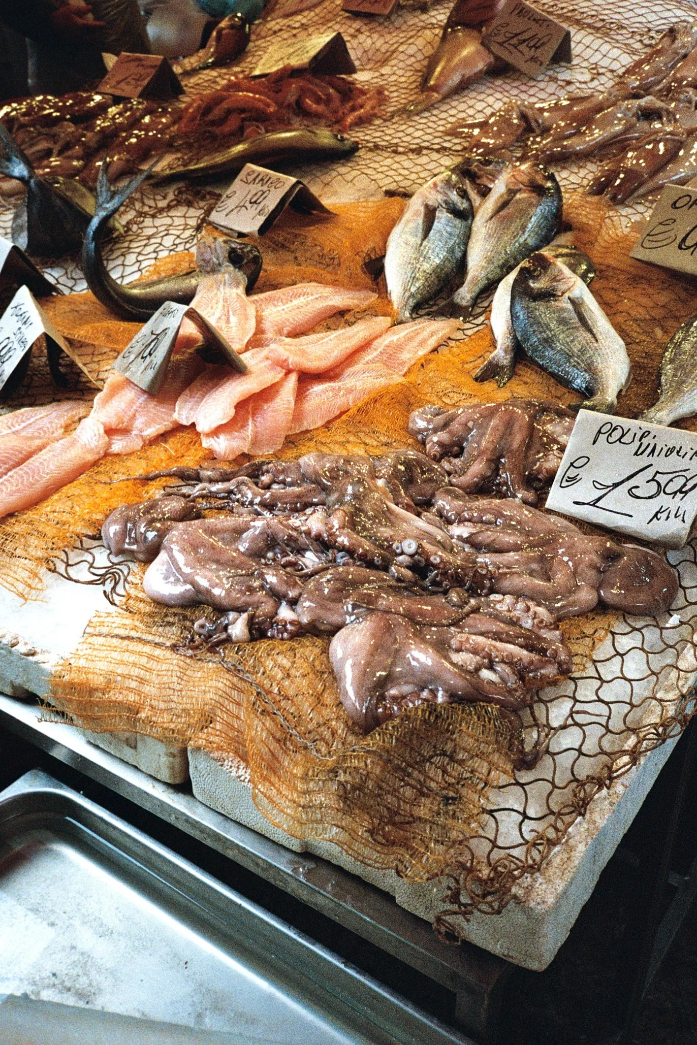 Fresh seafood including fish, octopus, and squid on display at a market