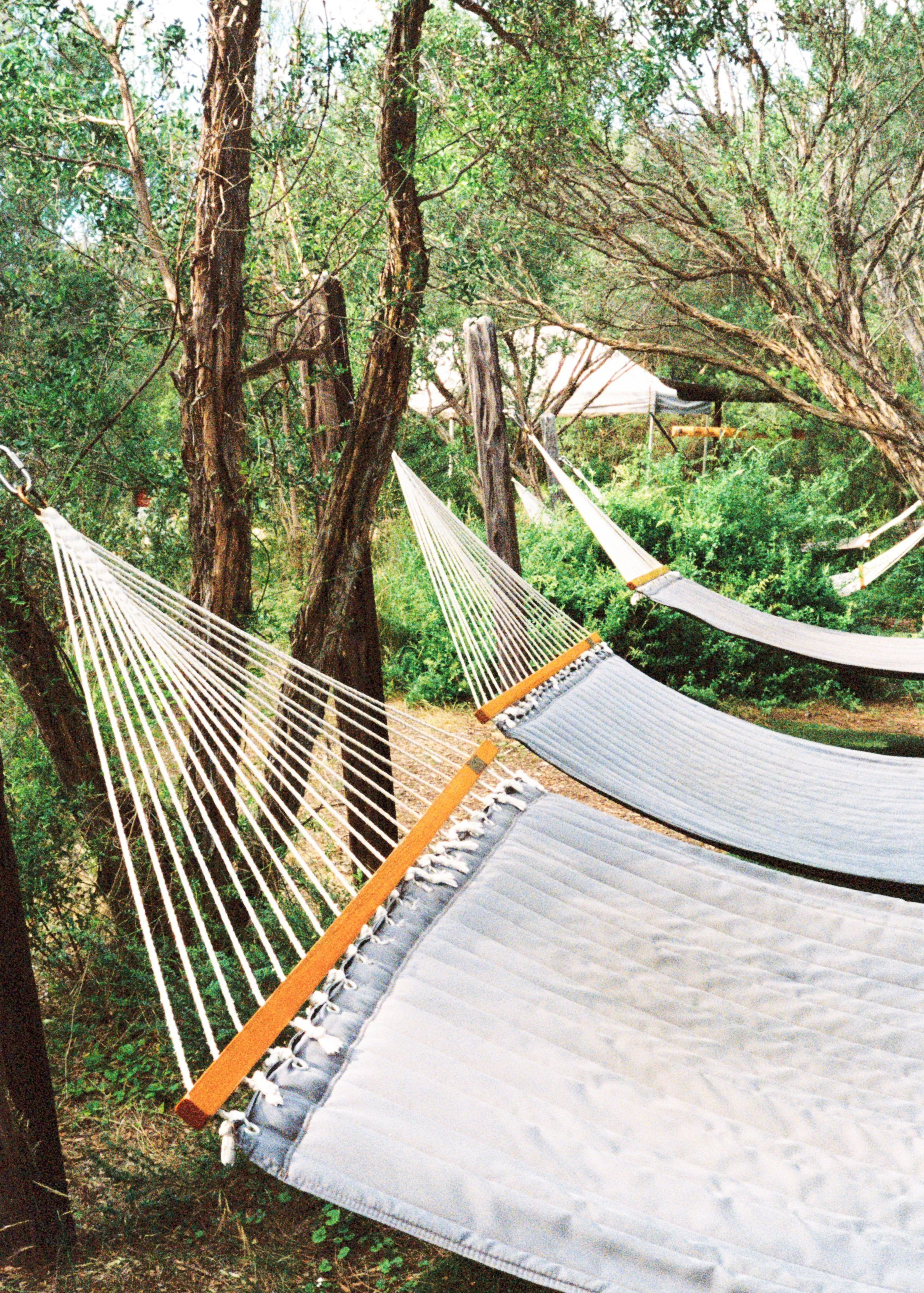 Multiple hammocks tied between trees in a forested area.