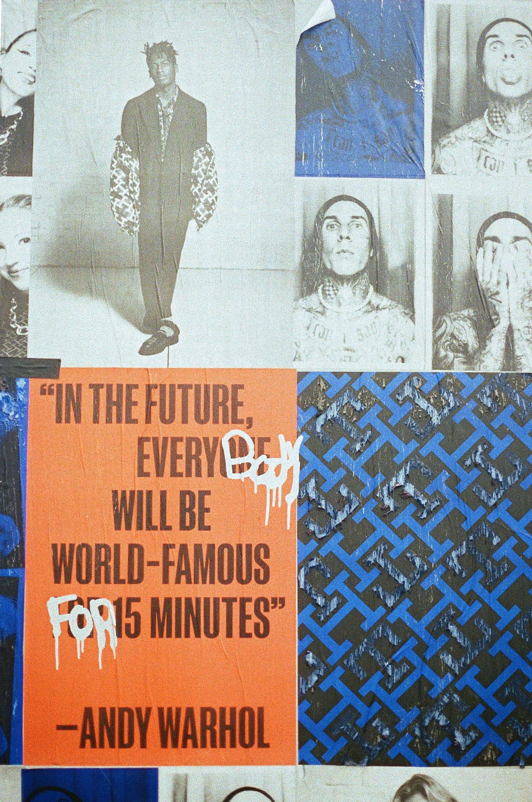 Collage of black and white photos of a man and a woman, along with a quote in bold orange text attributed to Andy Warhol, stating "In the future, everyone will be world-famous for 15 minutes."