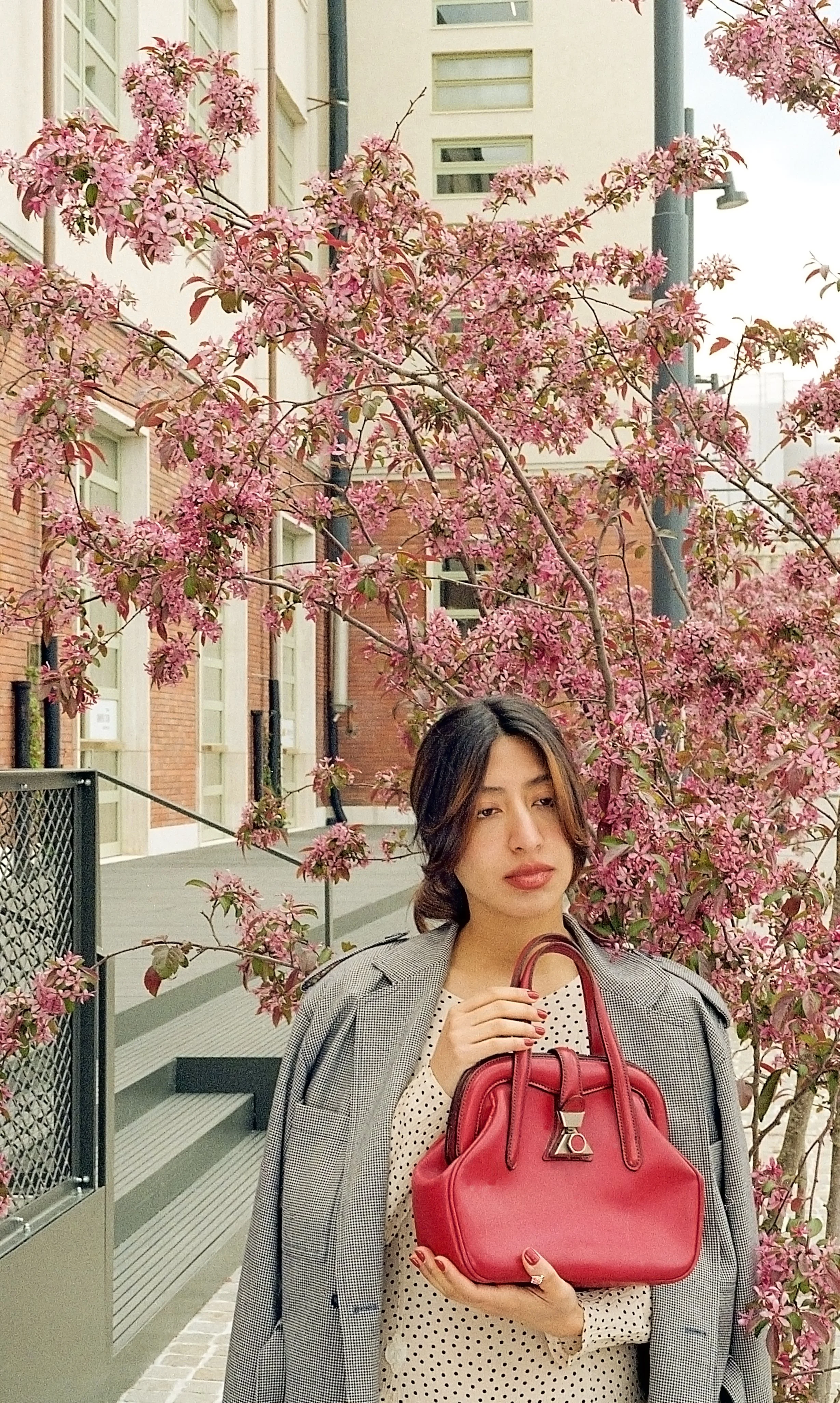 A woman standing in front of a pink flowering tree, holding a red handbag. She is wearing a polka dot blouse and a gray checkered blazer, with a neutral expression.