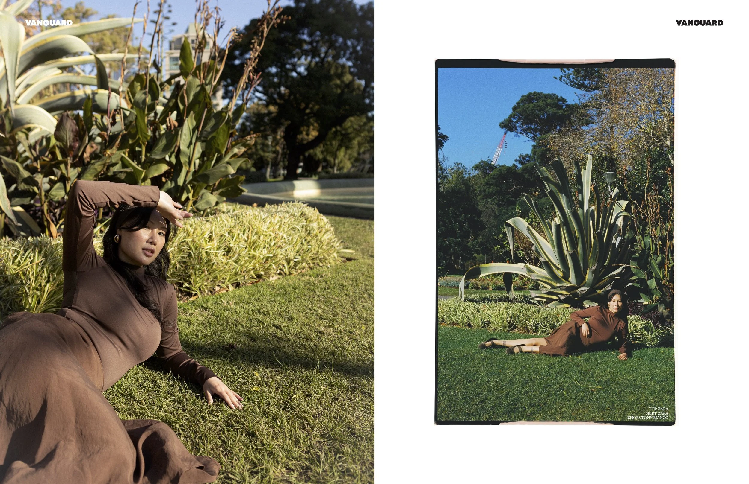 Two photos of the same woman in a brown dress lying on grass near large succulent plants, with trees and sky in the background.