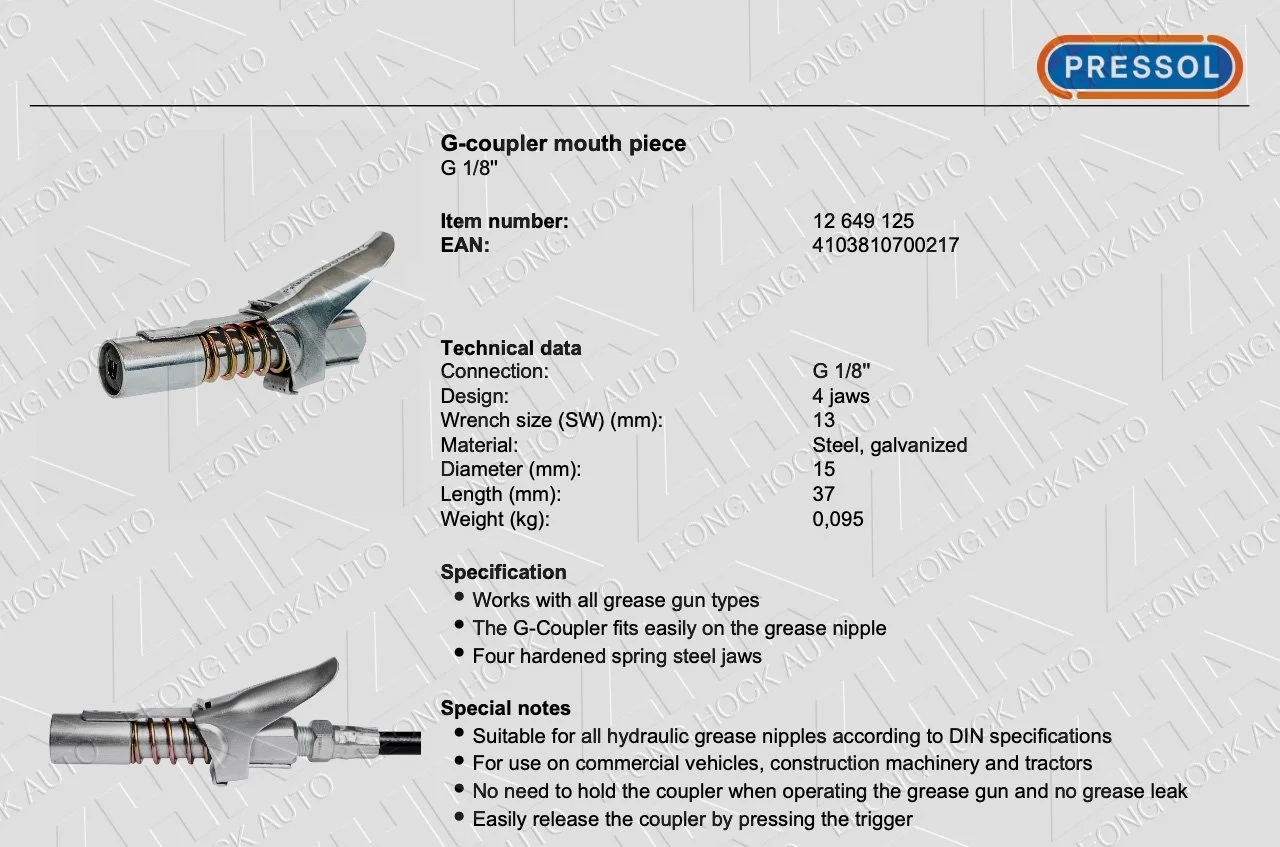 Pressol Grease Coupler Quick Release Spec Sheet