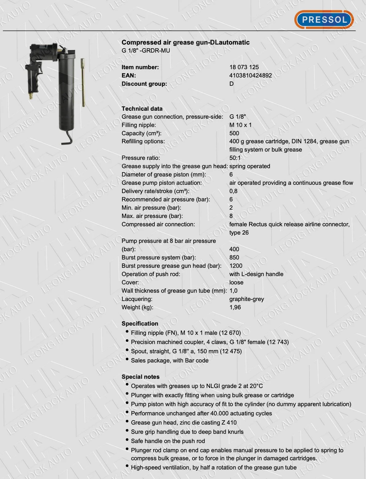 Pressol pneumatic automatic spec sheet
