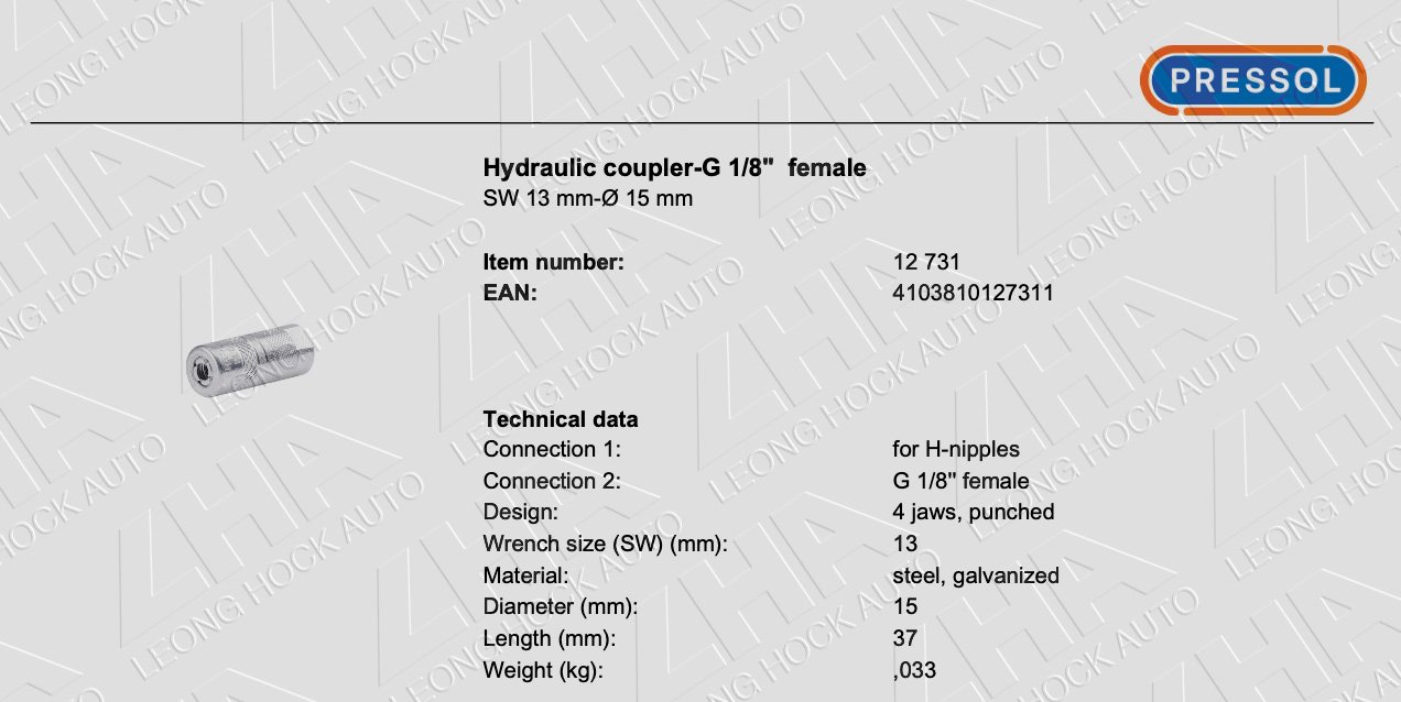 Pressol Grease Coupler Hydraulic Spec Sheet