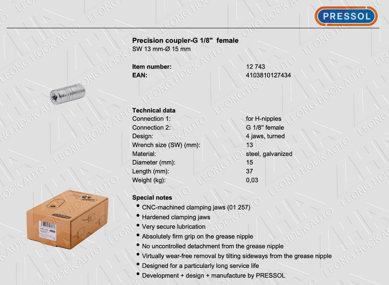 Pressol Grease Coupler Precision Spec Sheet