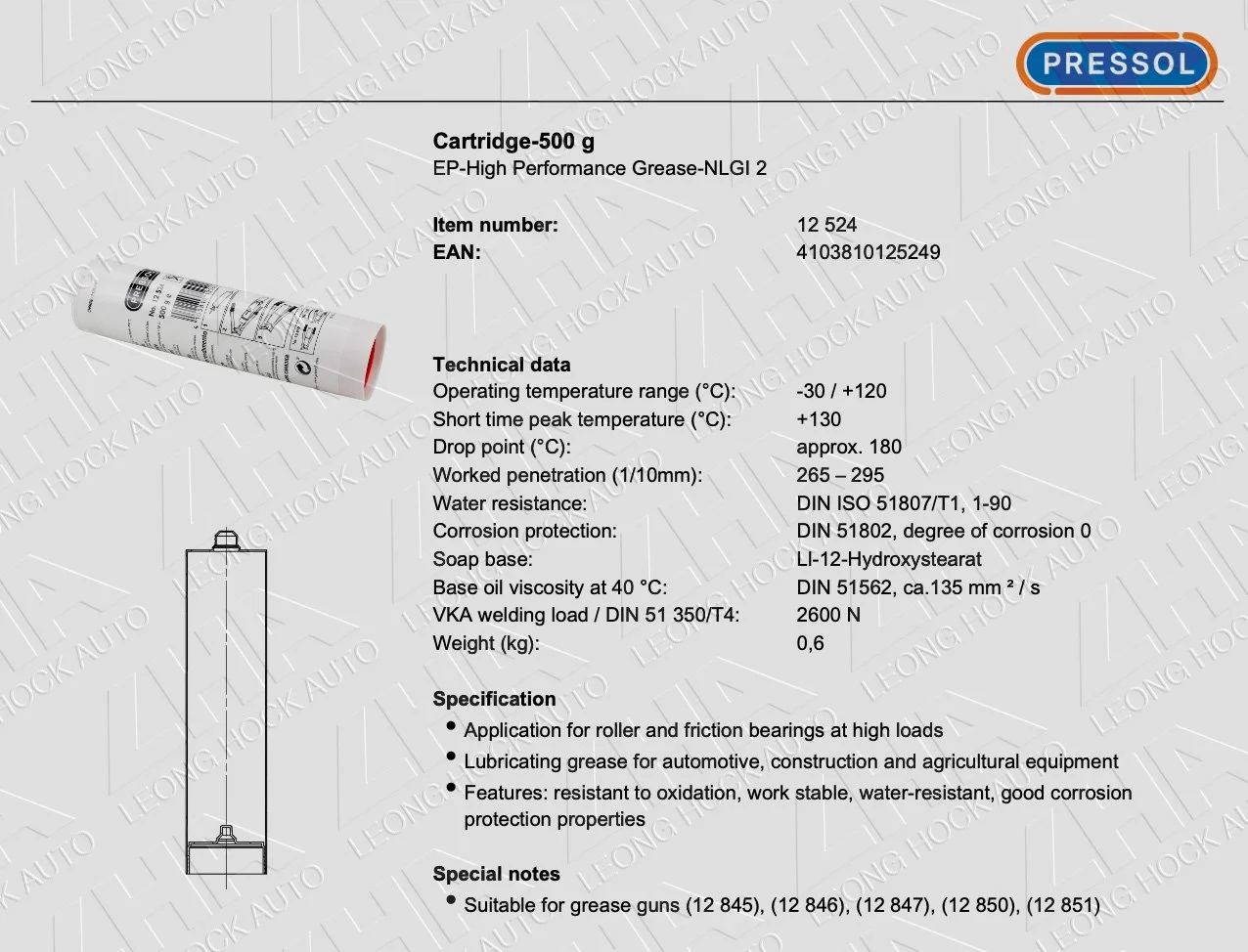 Grease Cartridge High Performance Spec Sheet