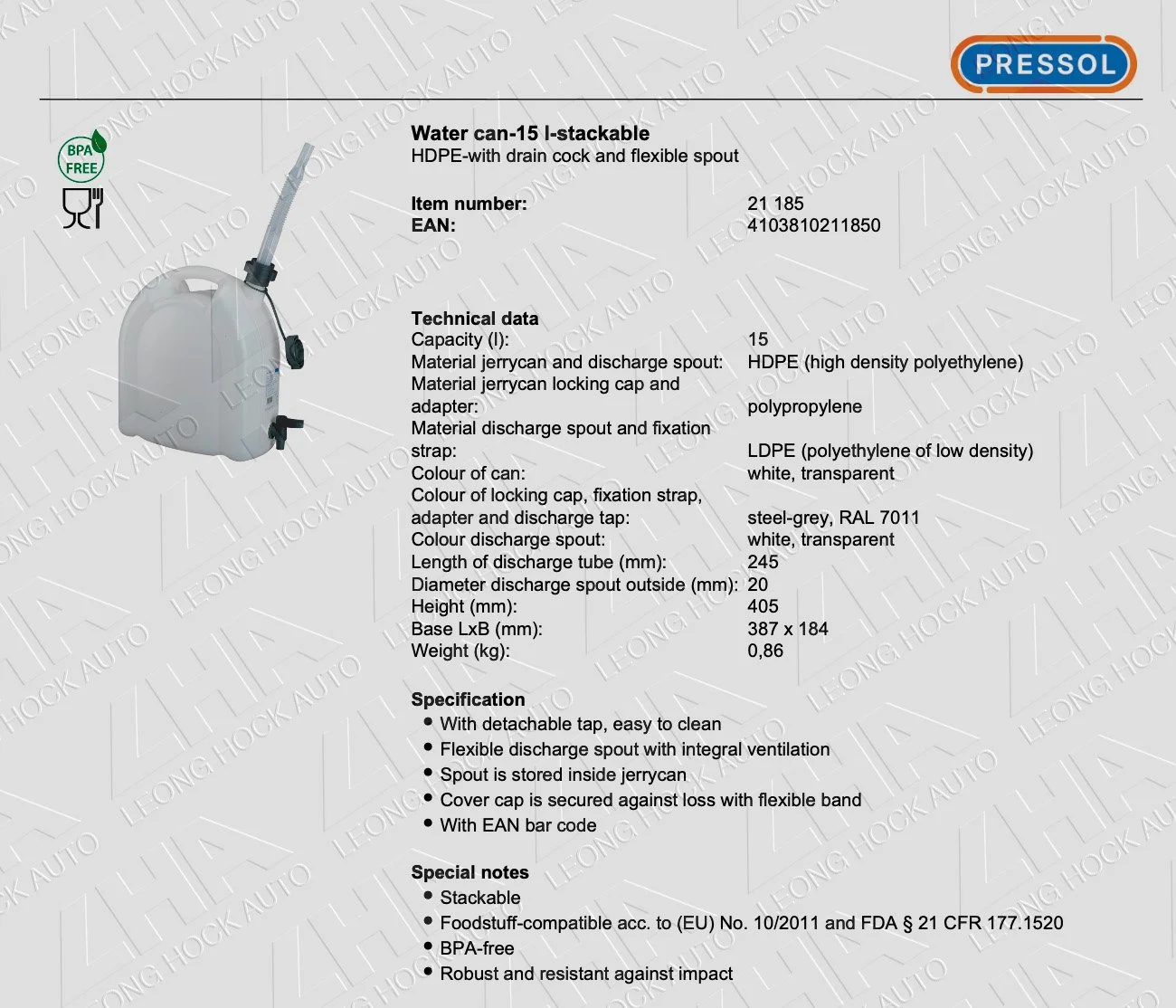Pressol Water Tank (Food & Drink) 15L Spec Sheet