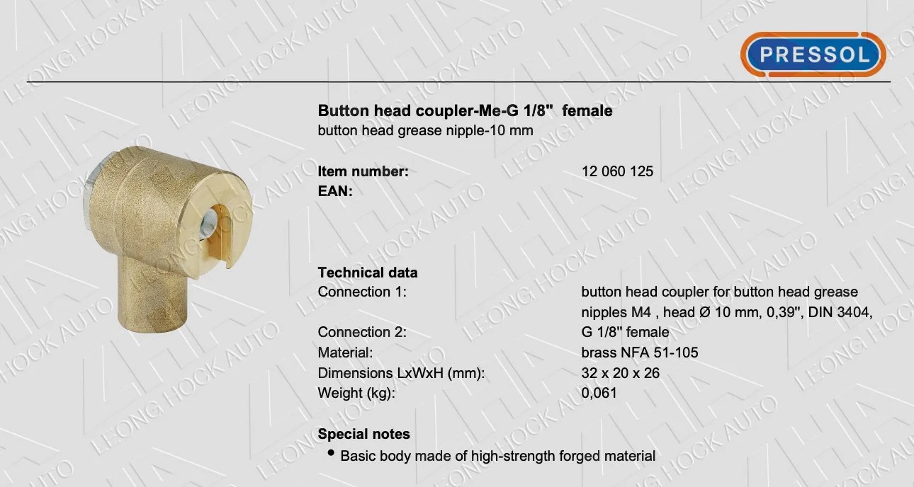Pressol Grease Head Coupler Pull 10mm Spec Sheet