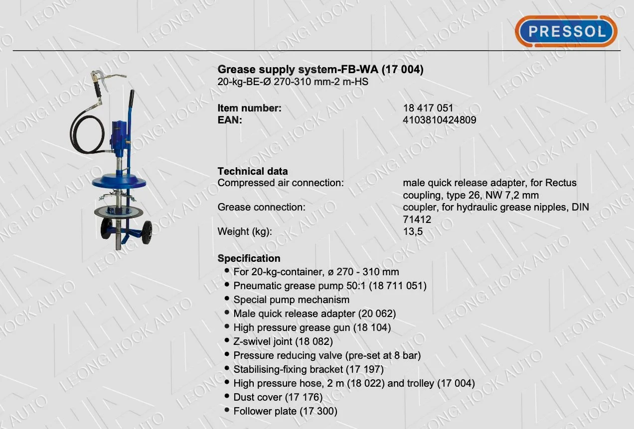 Pneumatic grease supply system with trolley 20kg Spec Sheet