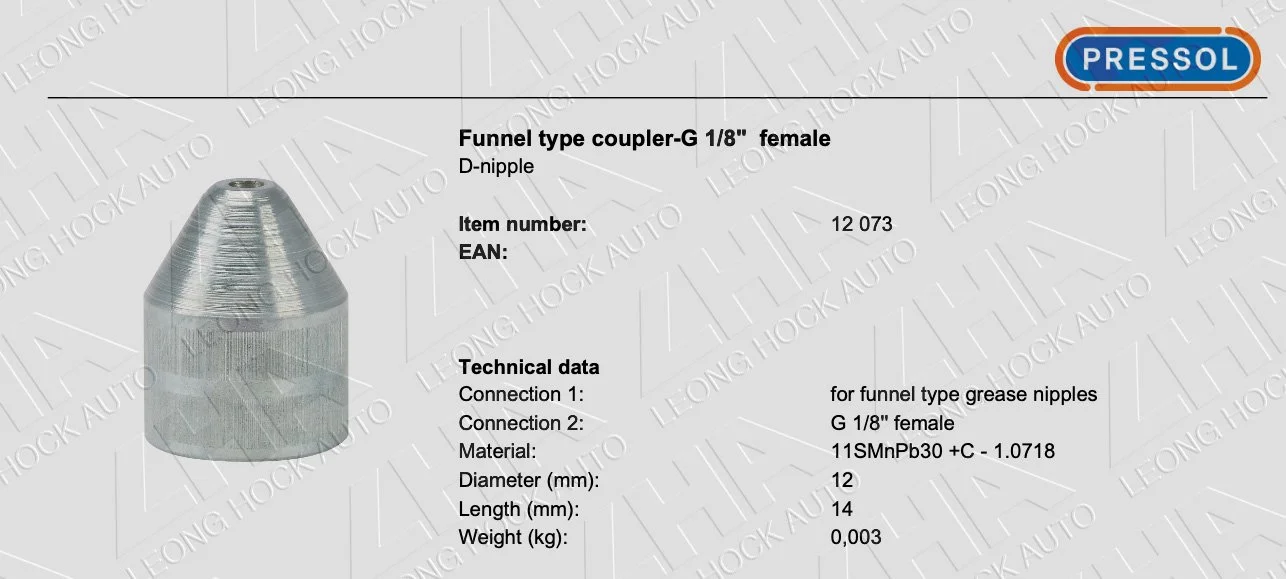 Pressol Grease Coupler Funnel Spec Sheet
