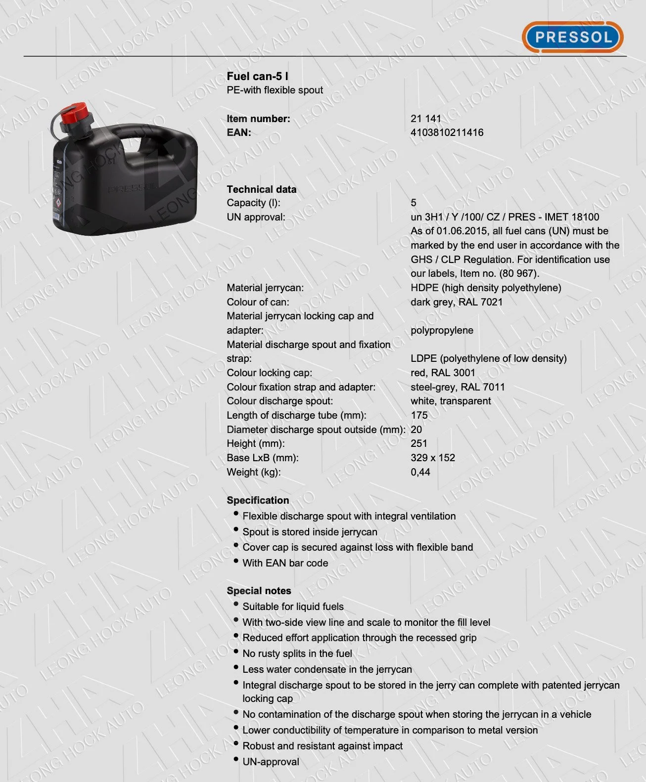 Fuel Tank Grey 5L Spec Sheet