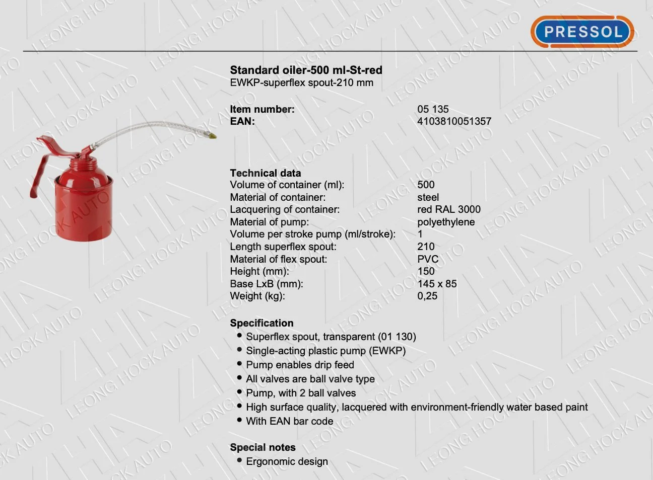 Pressol Steel Oiler 500ml Spec Sheet