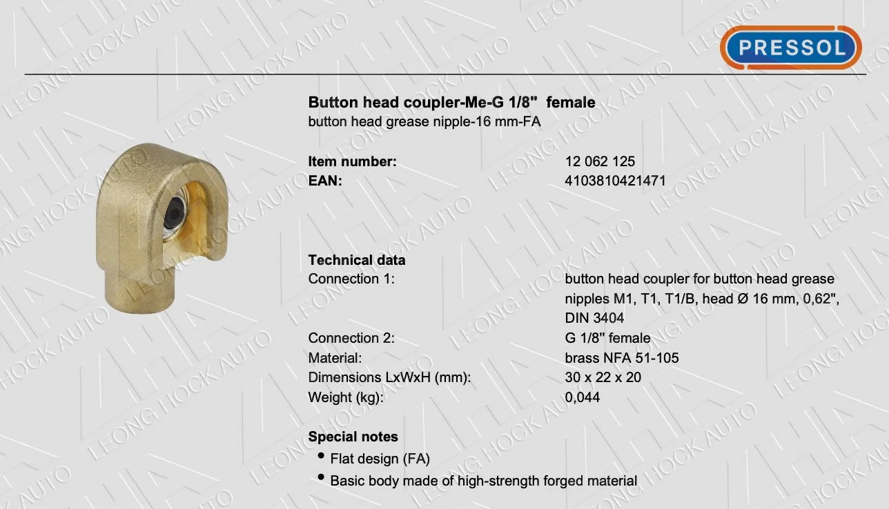 Pressol Grease Head Coupler Pull 16mm Spec Sheet