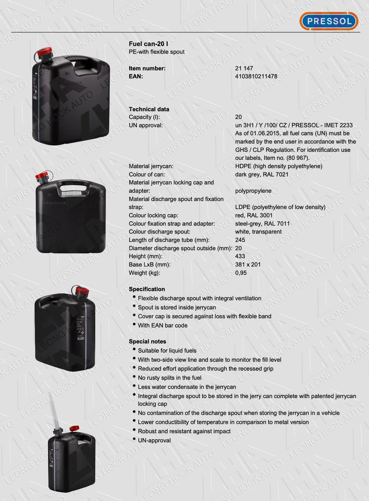 Pressol Fuel Tank Grey 20L Spec Sheet