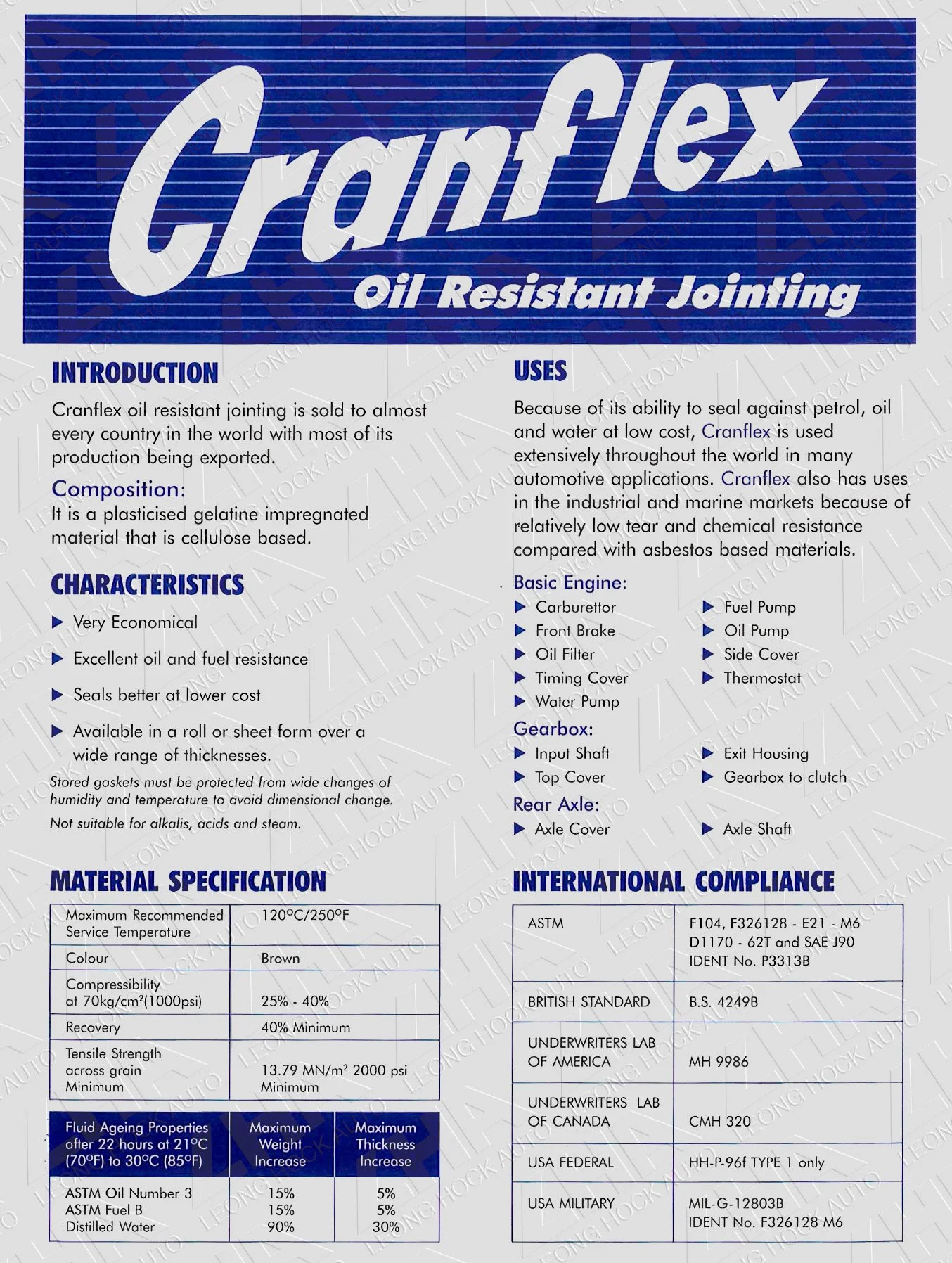 Cranflex UK Jointing Gasket Sheet 0.4mm Spec Sheet