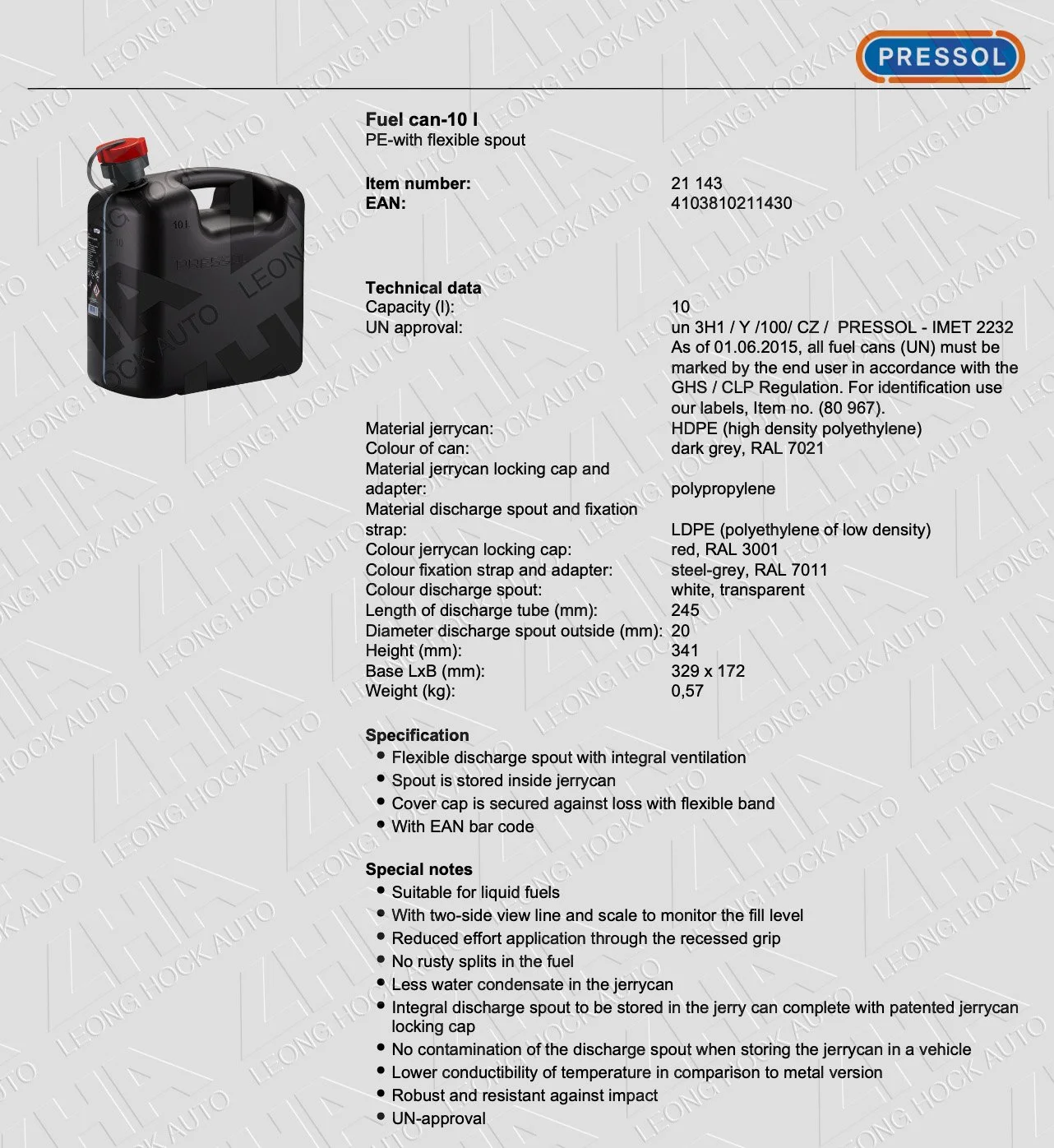 Fuel Tank Grey 10L Spec Sheet