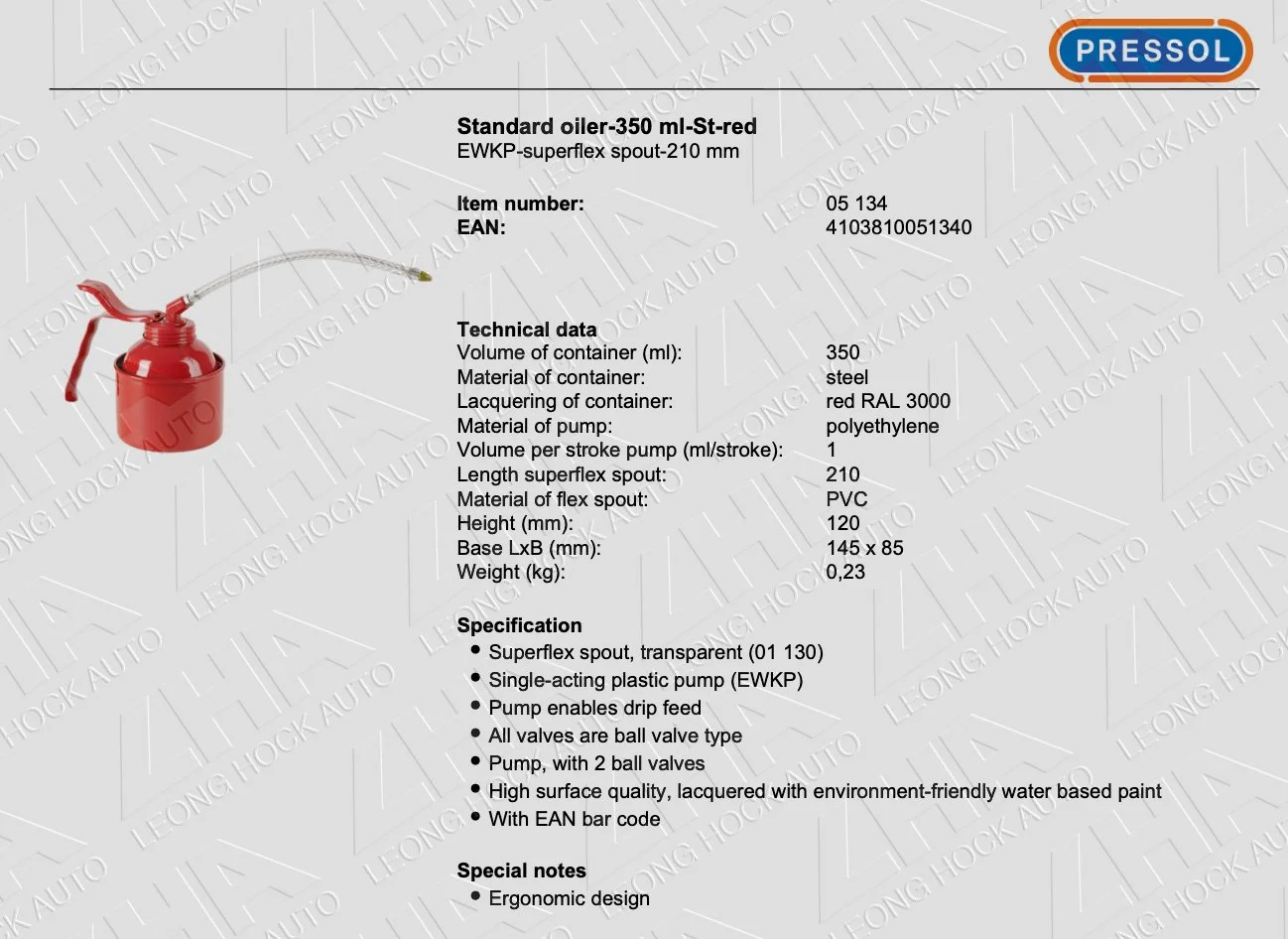 Pressol Steel Oiler 350ml Spec Sheet