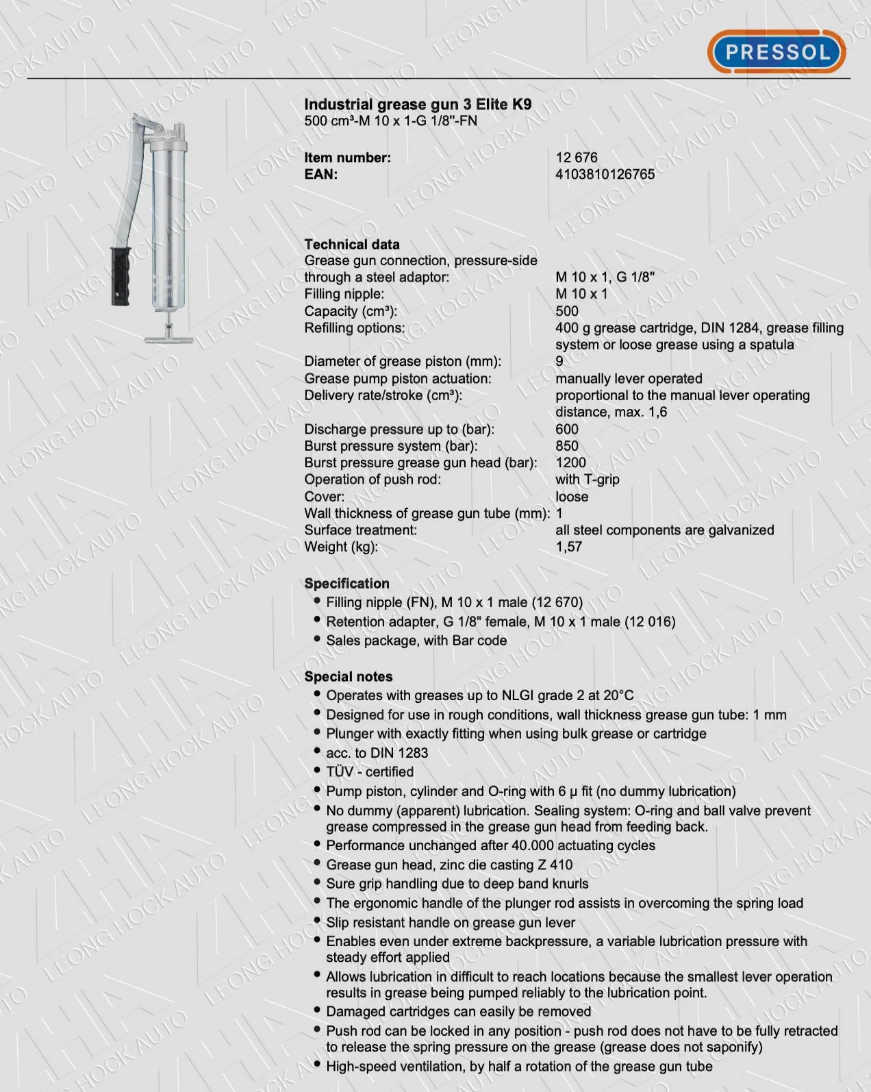 Pressol Industrial Elite K9 Spec Sheet