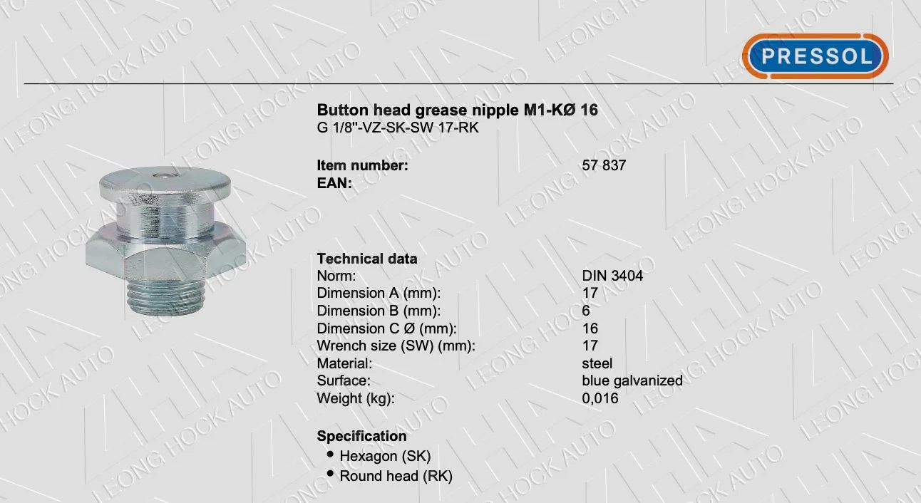 Button Head Nipple 16mm Spec Sheet