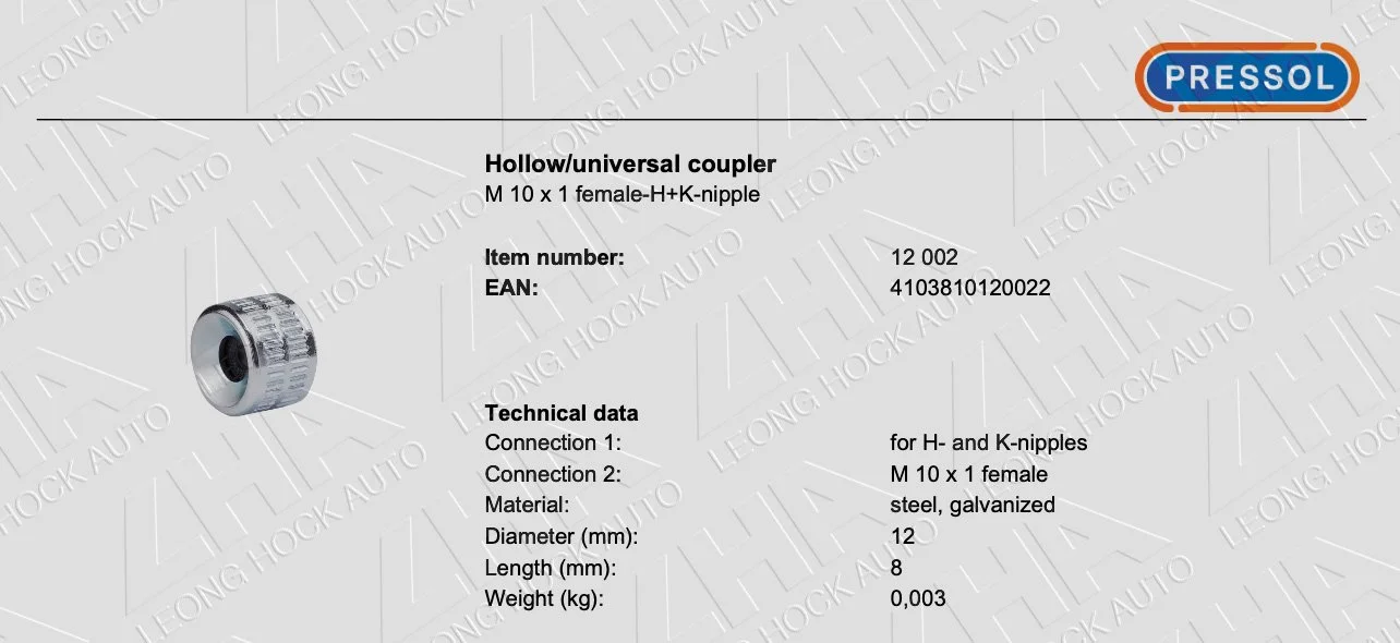 Pressol Grease Coupler Hollow Spec Sheet