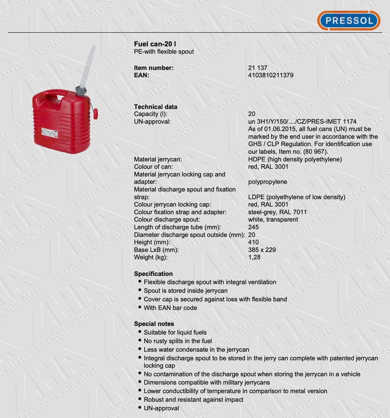 Pressol Fuel Tank Red 20 Liter Spec Sheet
