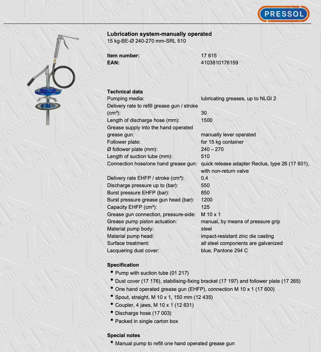 Manual Lubrication System 15kg Spec Sheet