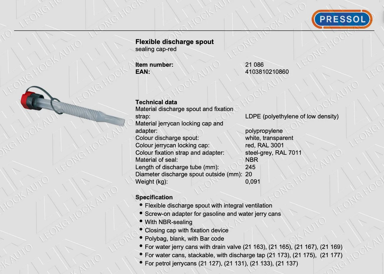 Pressol Fuel Tank Plastic Spout Spec Sheet