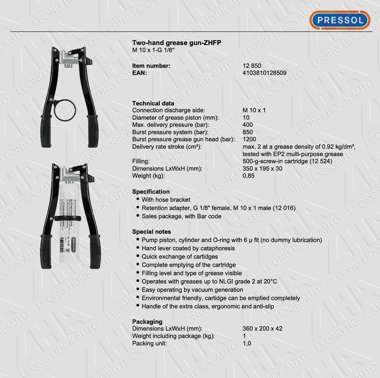 Pressol Two Hand Operated Grease Pump Spec Sheet