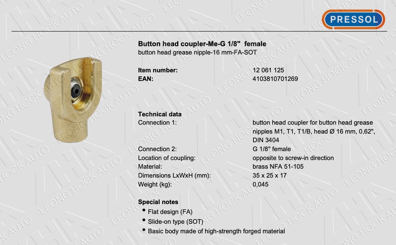 Pressol Grease Coupler Button Head (Push) Spec Sheet